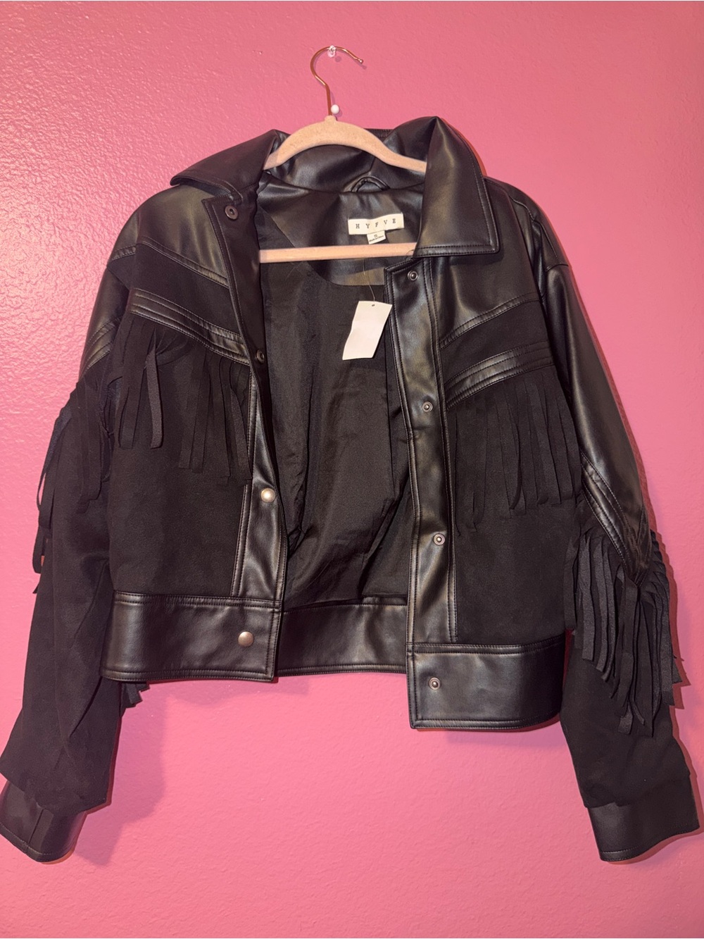 Women’s Black Fringe Faux-Leather Jacket -